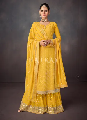 Yellow Golden Embroidered Sharara Style Suit