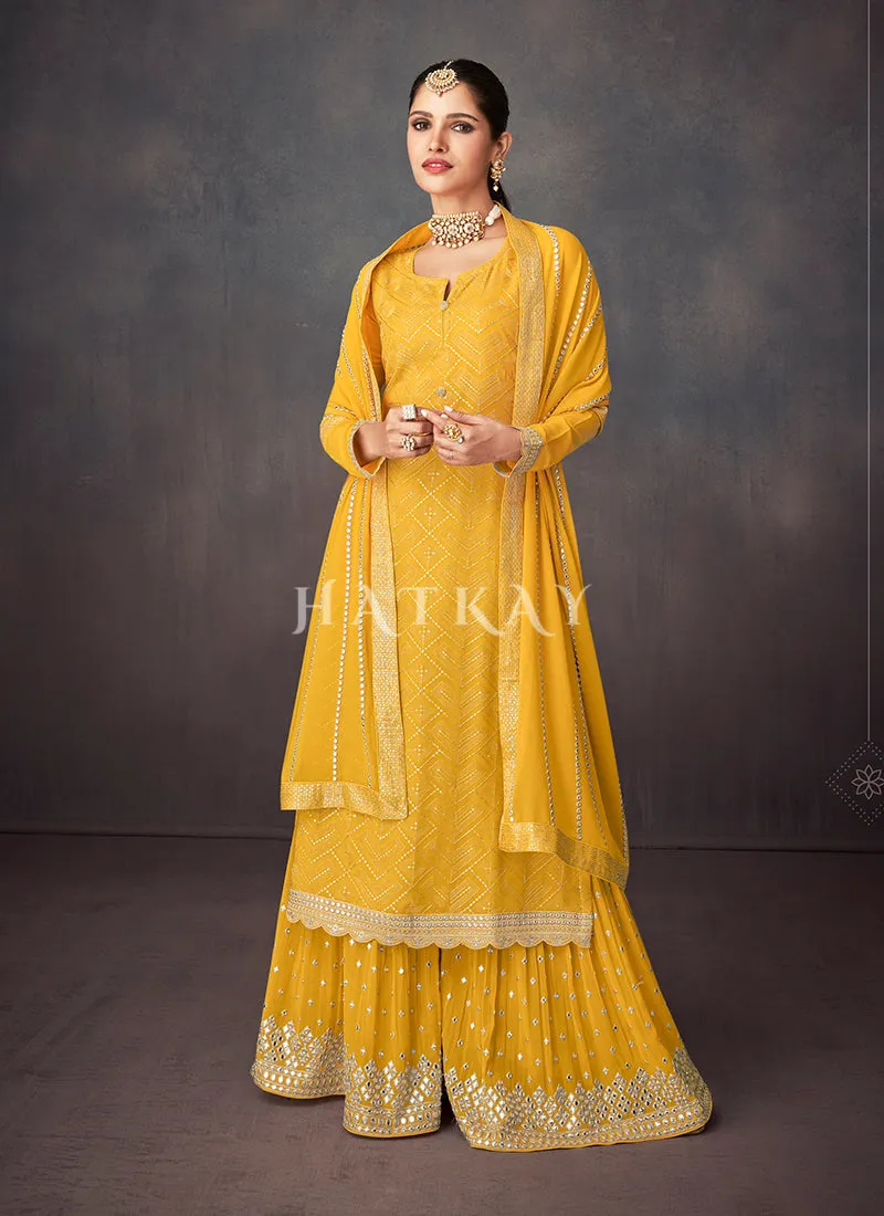 Yellow Golden Embroidered Sharara Style Suit
