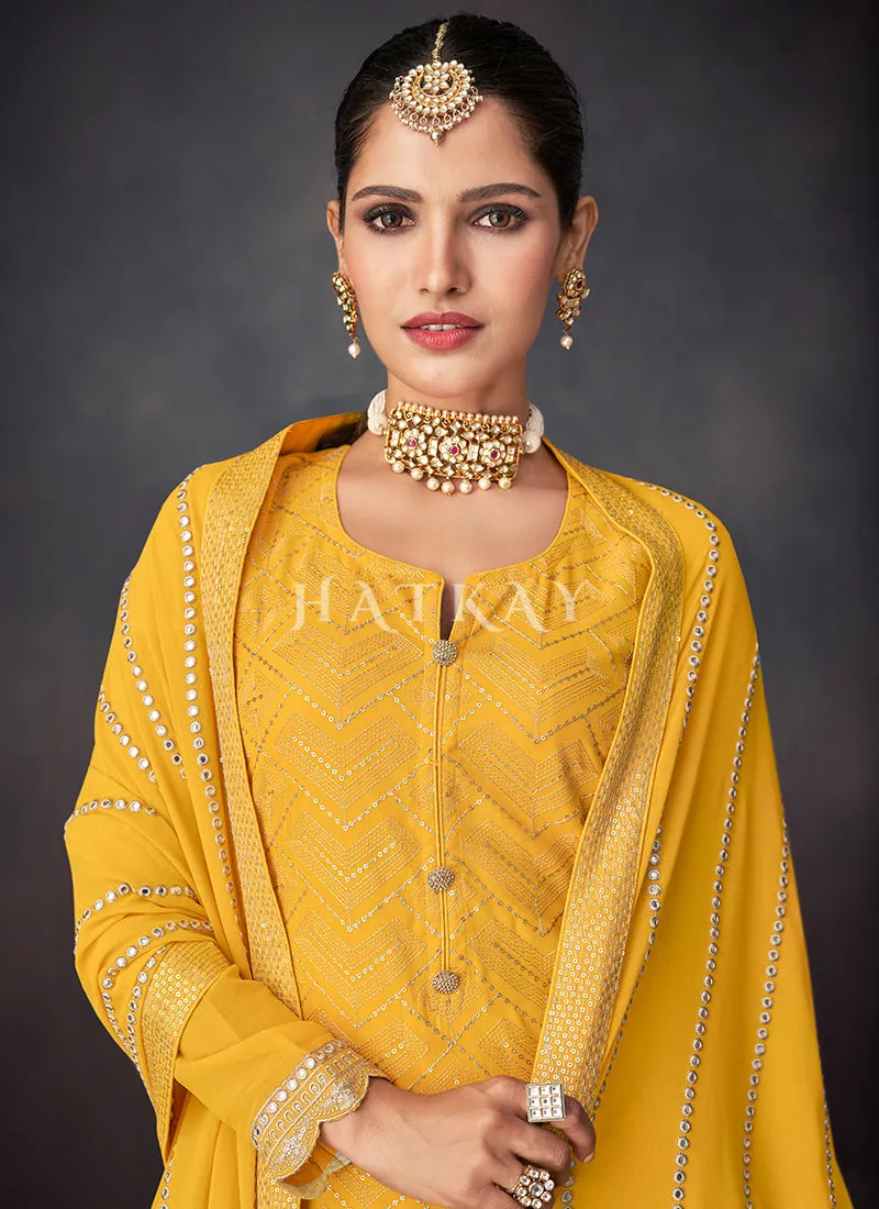 Yellow Golden Embroidered Sharara Style Suit