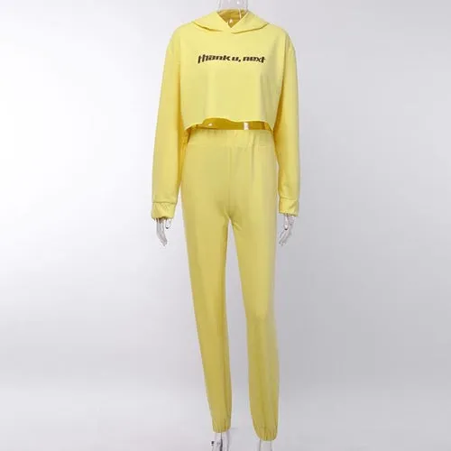 Yellow letter printing playsuit Long sleeve hooded casual two