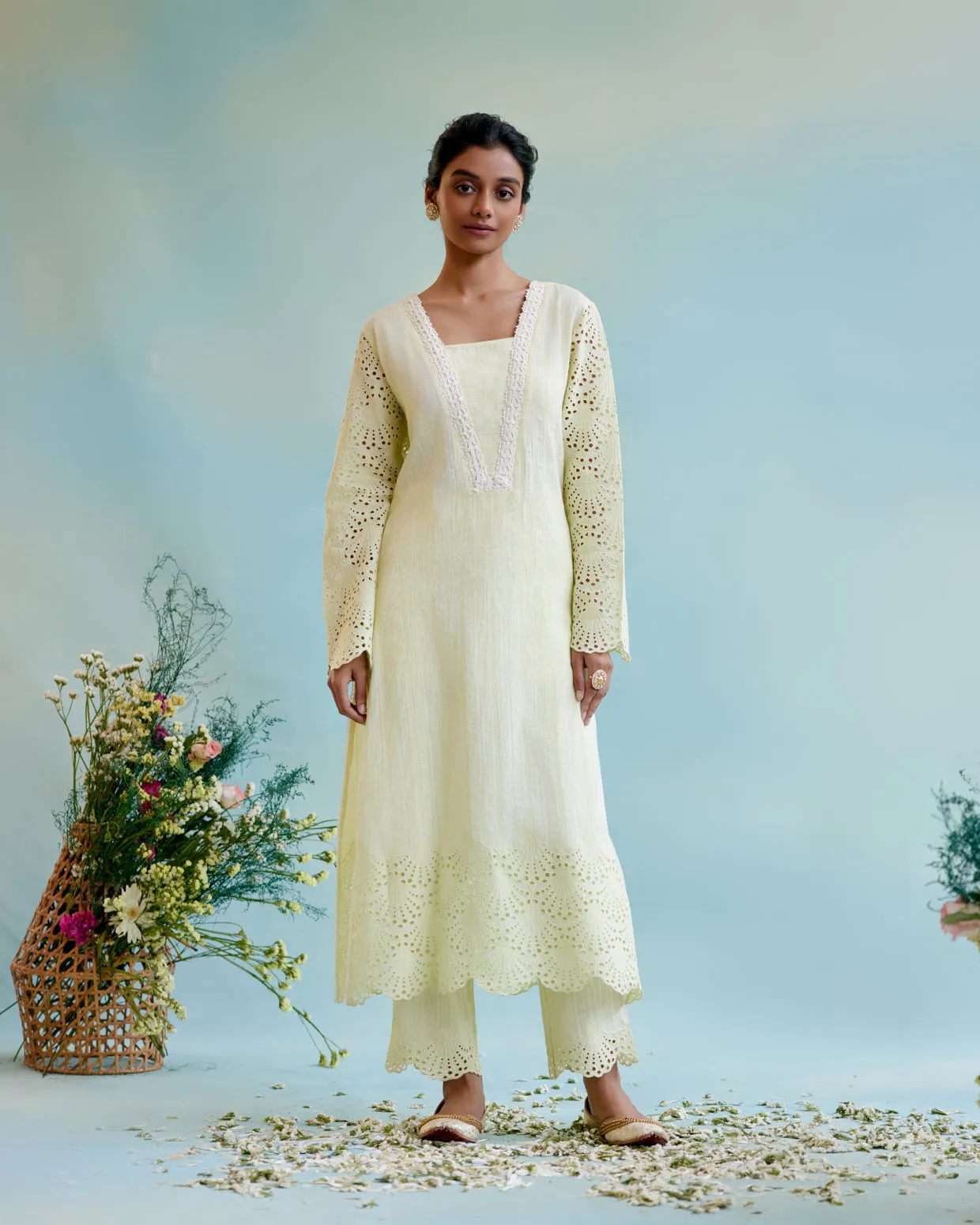 Yellow Petal Cotton Dobby Kurta with 
Cotton Dobbby Narrow Pants