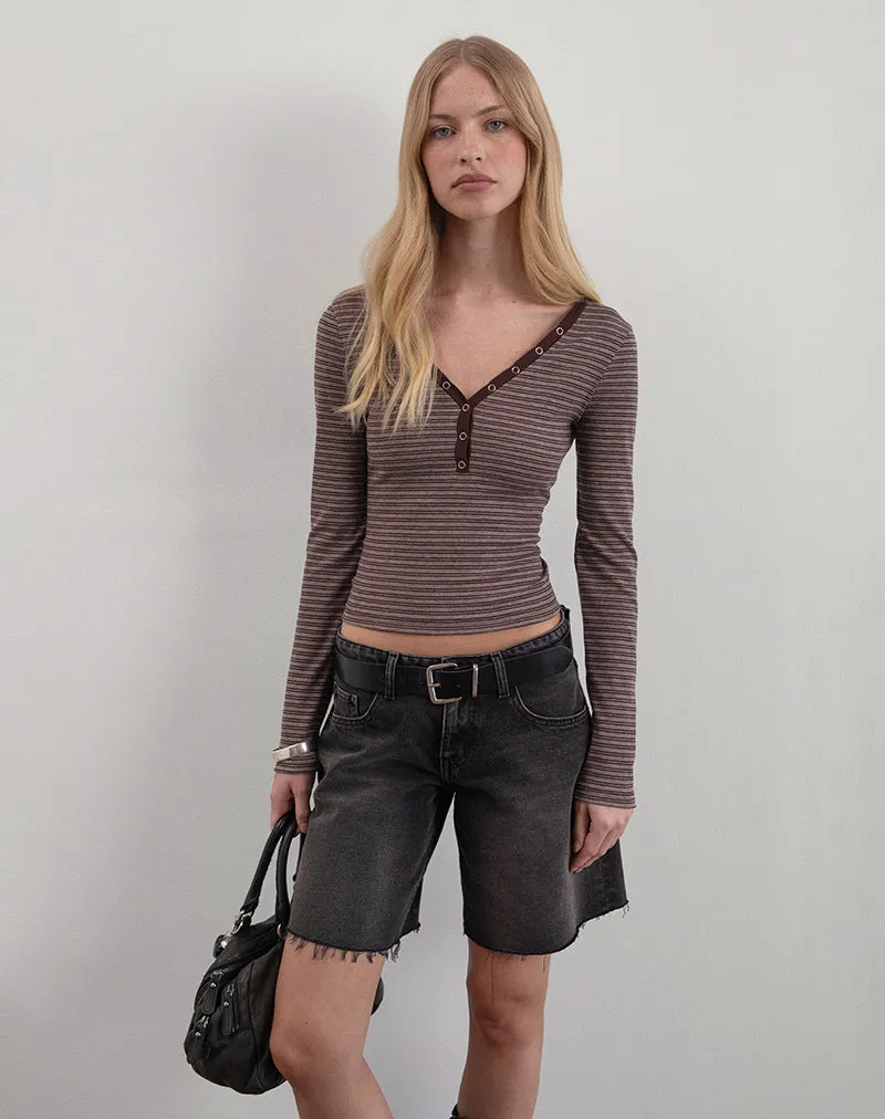 Yusi Long Sleeve Top in Brown and Grey Stripe