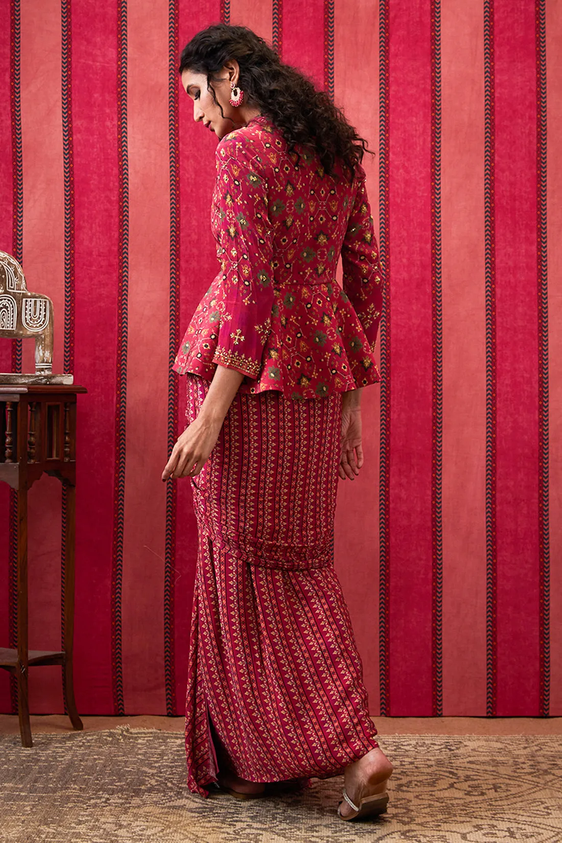 Zahra Embroidered Peplum Top With Drape Skirt