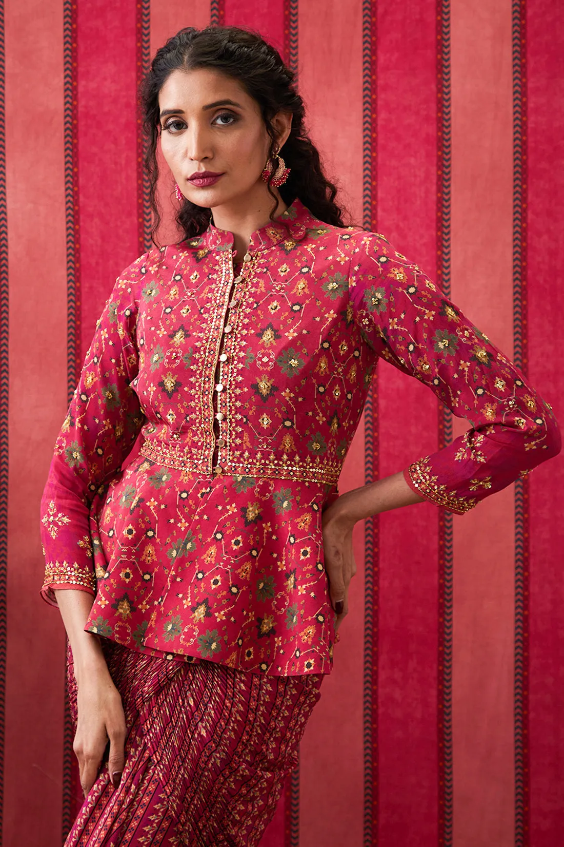 Zahra Embroidered Peplum Top With Drape Skirt