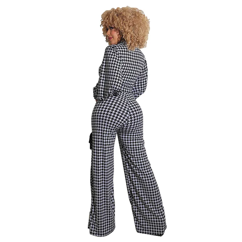 Zoey Long Sleeve Houndstooth Plunge Wide-Leg Jumpsuit