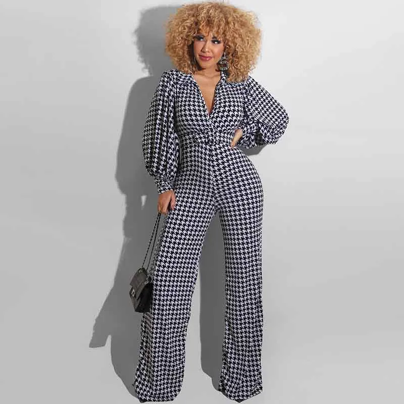 Zoey Long Sleeve Houndstooth Plunge Wide-Leg Jumpsuit