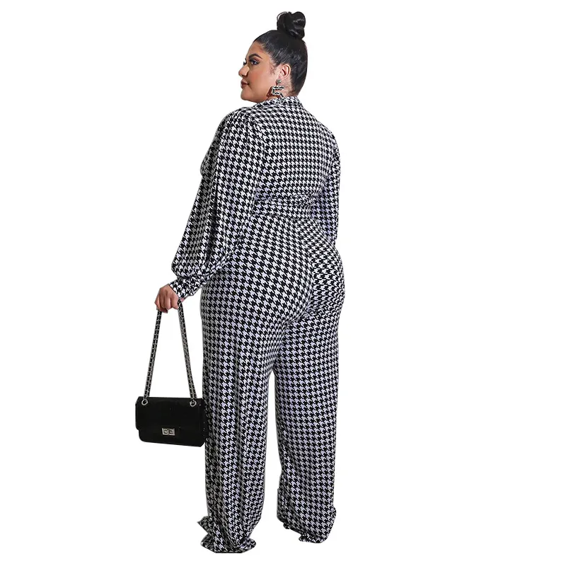 Zoey Long Sleeve Houndstooth Plunge Wide-Leg Jumpsuit
