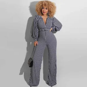 Zoey Long Sleeve Houndstooth Plunge Wide-Leg Jumpsuit