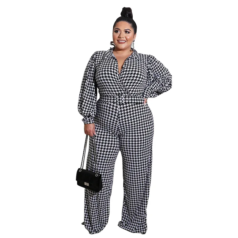 Zoey Long Sleeve Houndstooth Plunge Wide-Leg Jumpsuit